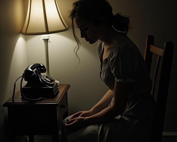 Contemplative Woman in Dimly Lit Room with Vintage Phone