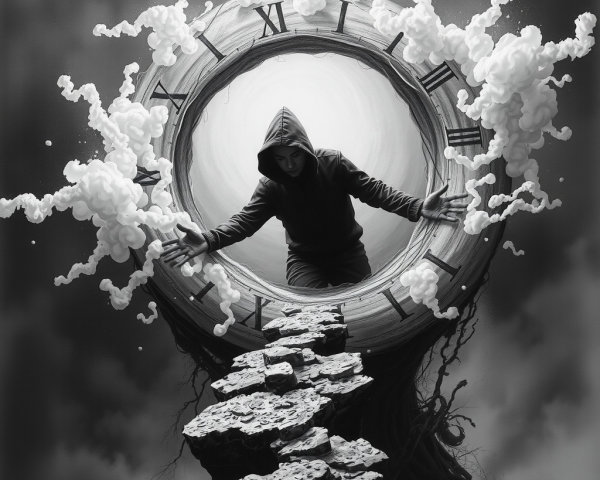 Hooded Figure and Surreal Clock in Dreamlike Scene
