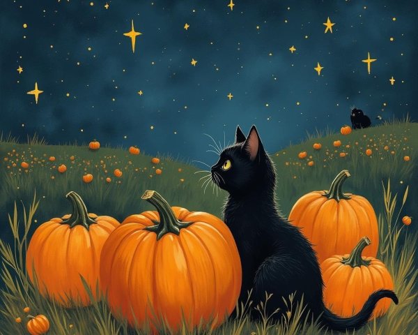 Black Cat Among Pumpkins Under Starry Night Sky