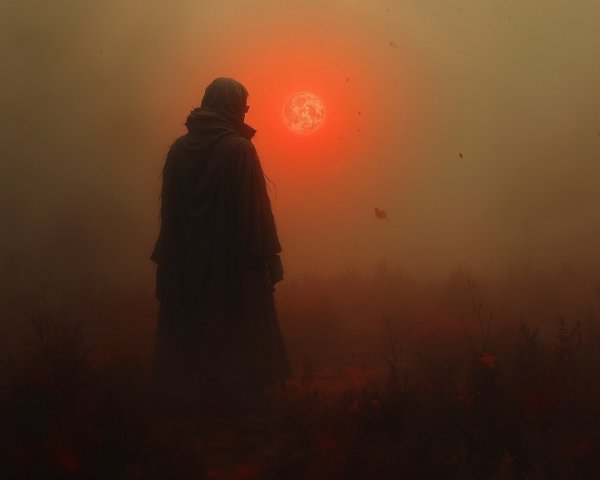 Cloaked Figure in Foggy Landscape with Red Sun