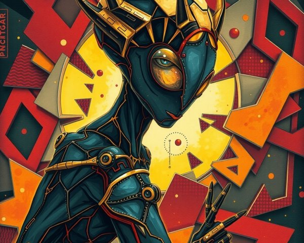 Futuristic Alien Figure with Geometric Background