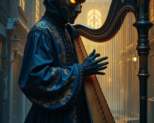 Mysterious Figure in Blue Robe Playing Harp in Alleyway
