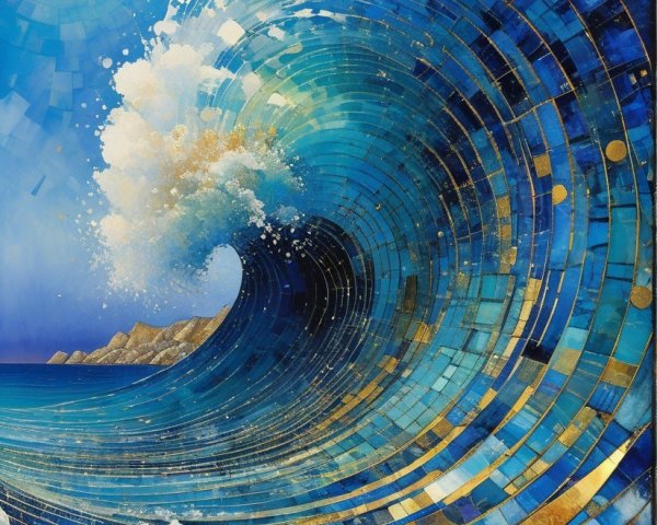 Abstract Wave Artwork in Blue with Golden Accents