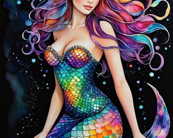 Vibrant Mermaid with Multicolored Hair and Cosmic Background