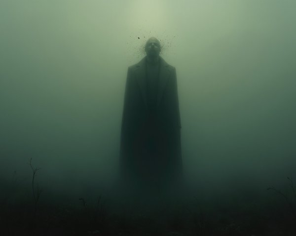 Tall Figure in Foggy Landscape Creates Eerie Atmosphere