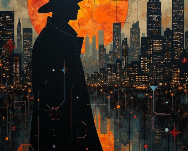 Silhouette Against Sunset with City Skyline and Patterns