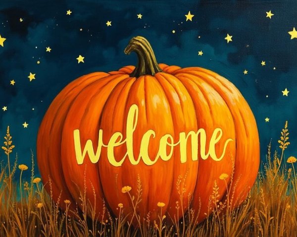 Autumn Painting with Pumpkin and Night Sky Elements