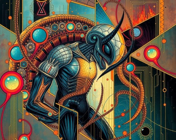 Futuristic humanoid figure with insect-like design