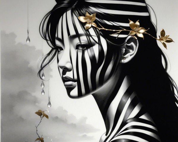 Portrait of a Woman with Striped Face and Hair