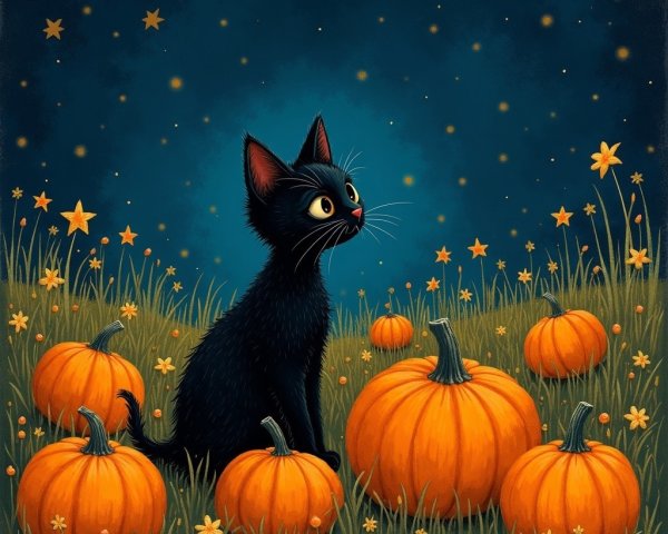 Whimsical Autumn Scene with Black Cat and Pumpkins