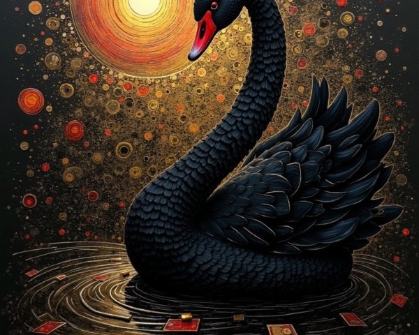 Black Swan on Reflective Water with Cosmic Patterns