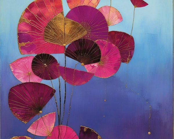 Vibrant Abstract Art with Stylized Leaves and Gold Accents