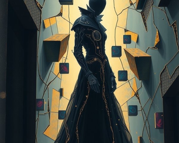 Cloaked Figure in Surreal Futuristic Setting