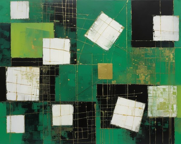 Modern Abstract Composition with Green and White Squares