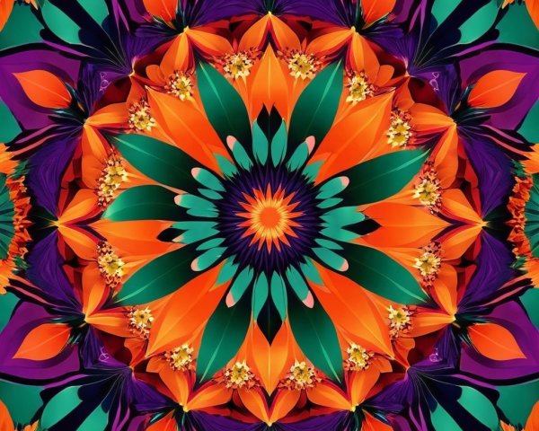 Vibrant Kaleidoscope Design with Floral Elements