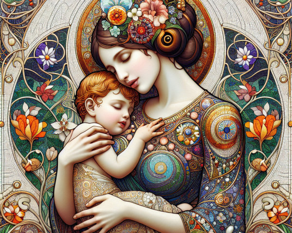 Mother and Child Embrace in Vibrant Floral Design
