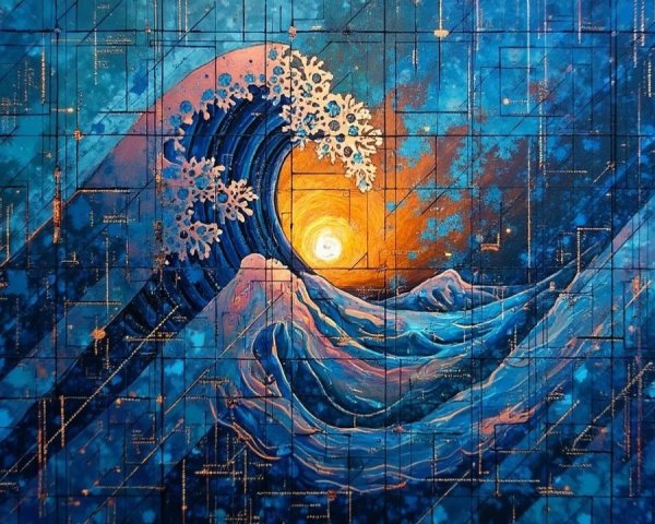Vibrant Artwork of a Massive Wave at Sunset