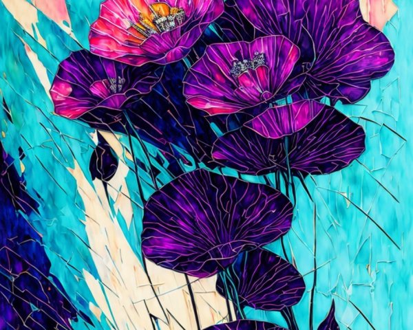 Vibrant Artwork of Purple and Pink Flowers on Blue