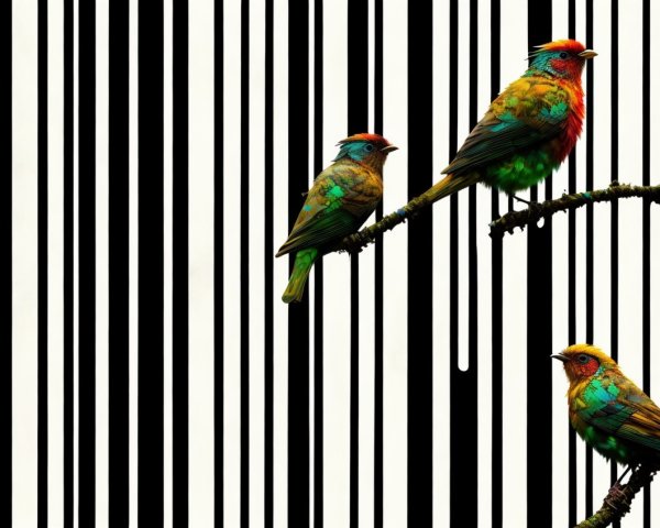 Vibrant Birds on Branch with Black and White Stripes