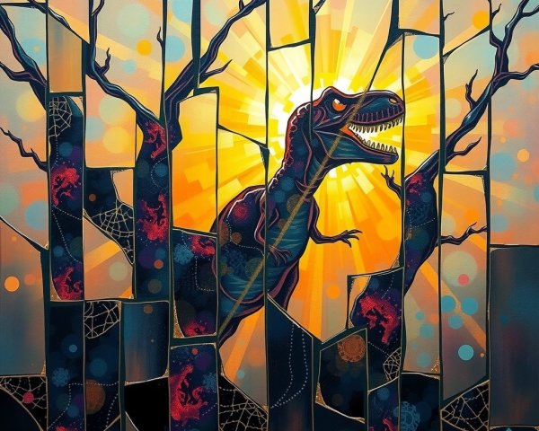 Vibrant T-Rex Emerges from Colorful Fragmented Panels
