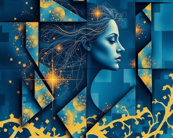Abstract Portrait of a Woman in Blue and Gold