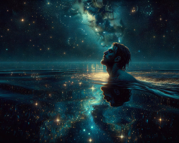 Serene Figure in Cosmic Water Reflection Scene