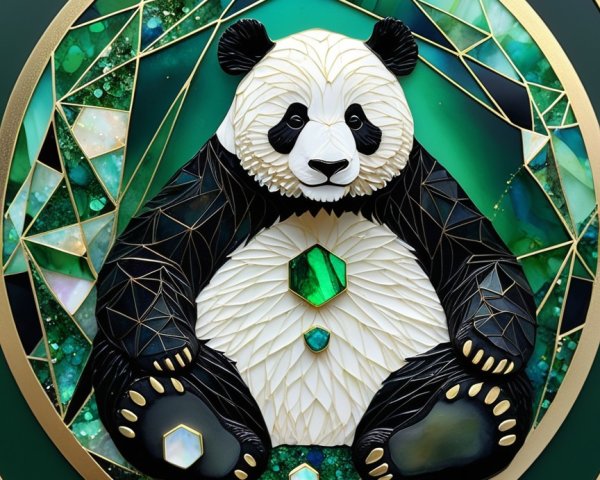 Stylized panda with geometric shapes on green mosaic