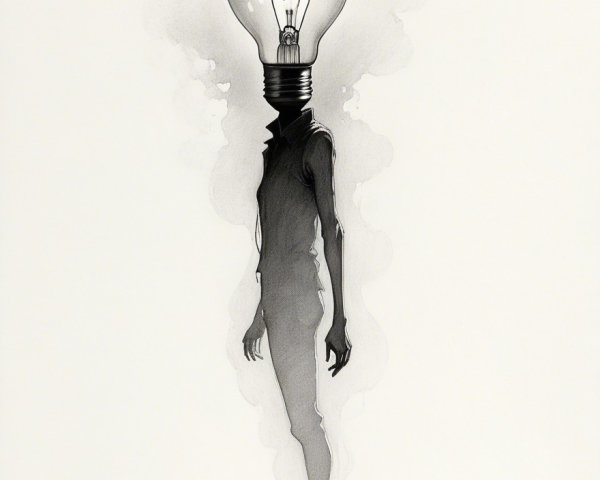 Tall Figure with Light Bulb Head in Surreal Setting