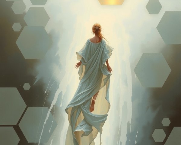 Ethereal Figure Ascending Towards Radiant Light