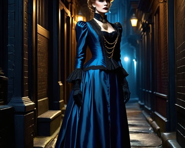 Elegant figure in a dimly lit alley with gown and hat