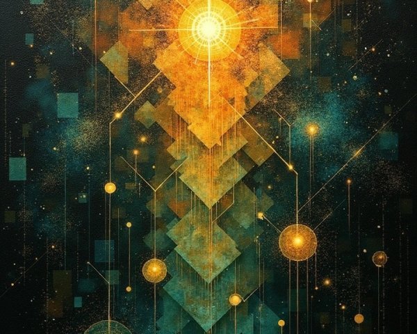 Abstract Geometric Composition in Blue and Gold