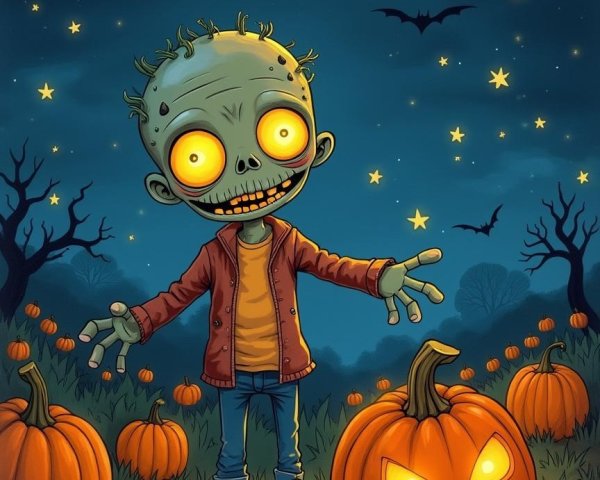 Cartoon Zombie in Pumpkin Patch Under Starry Sky