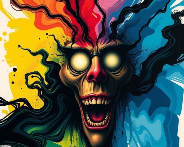 Surreal skull with colorful patterns and glowing eyes
