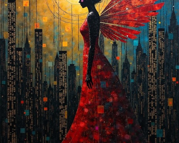 Silhouette of a Woman in Red Gown with City Skyline