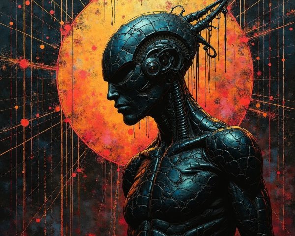 Futuristic humanoid figure with black exoskeleton design