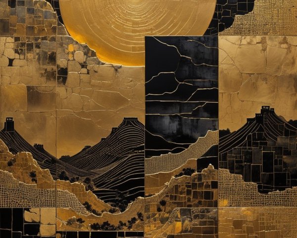 Dramatic Landscape with Golden Sun and Abstract Mountains