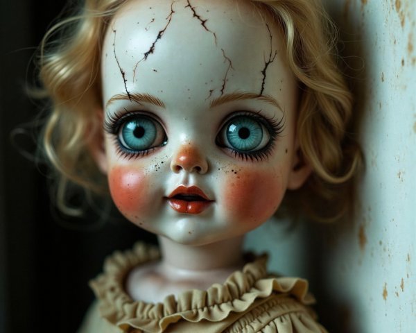 Creepy Porcelain Doll with Blue Eyes and Cracks