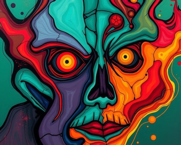 Vibrant Abstract Face with Swirling Colors and Features