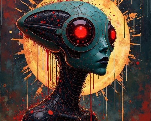 Futuristic alien figure with glowing backdrop details
