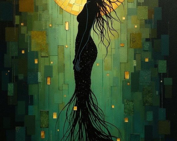 Mermaid Silhouette with Vibrant Background and Halo