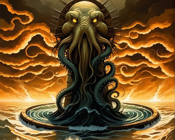 Lighthouse with Tentacled Creature in Stormy Seas