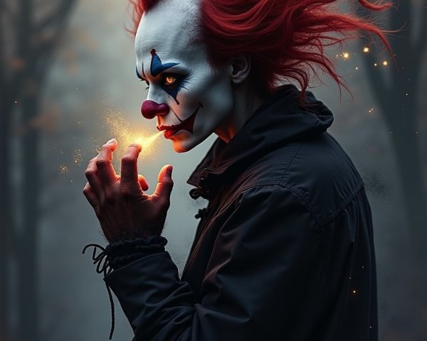 Sinister Clown Figure in Misty Forest with Flame