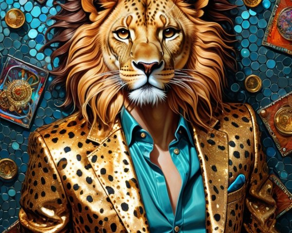 Person with Lion Face in Colorful Setting