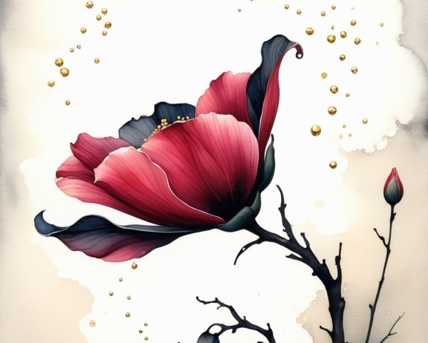 Illustration of a Red Flower on a Slender Branch