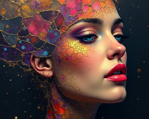 Surreal Portrait of a Woman with Stained Glass Patterns