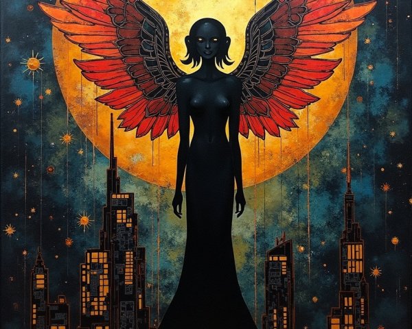 Silhouette of Woman with Red Wings and Golden Moon