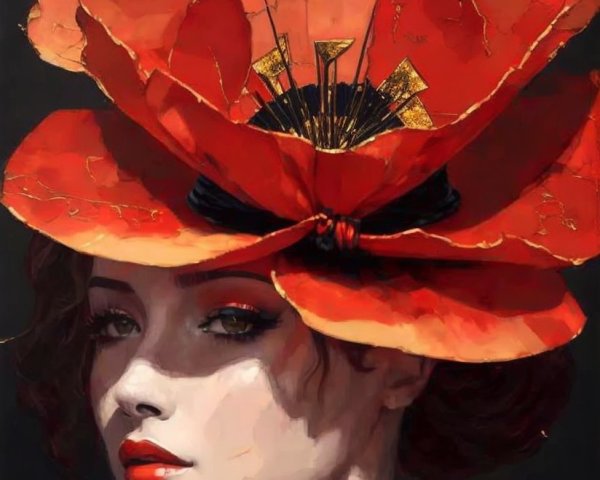 Portrait of a woman with a vibrant red flower hat