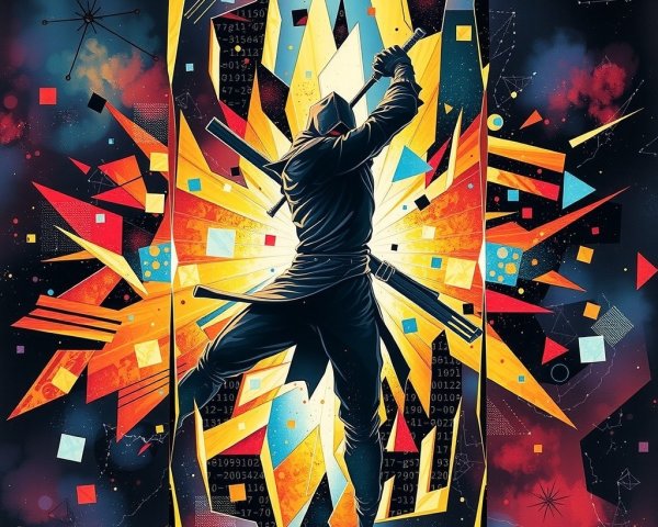 Ninja Silhouette Amidst Colorful Geometric Explosion
