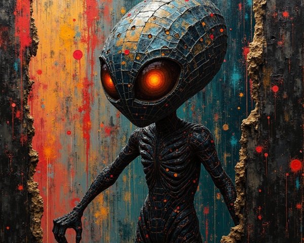 Stylized alien figure on vibrant orange and blue backdrop