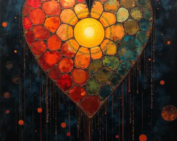 Vibrant Heart Artwork with Honeycomb Segments and Dots